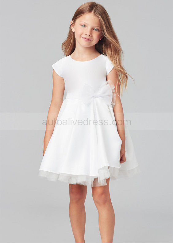 Cap Sleeves White Satin Tulle Short Flower Girl Dress